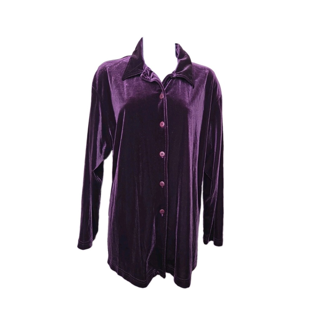 Vtg 90s Y2K Purple Velvet Stretch Shirt Tunic Shacket Bechamel Petities Size L